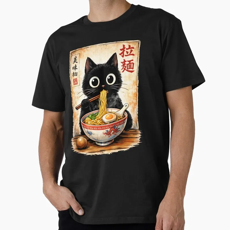 Kawaii Ramen Cat Retro Japanese Noodles Artwork Black Cat Gift T Shirt Funny Cute Print Short Sleeve Tee for Cat Lovers