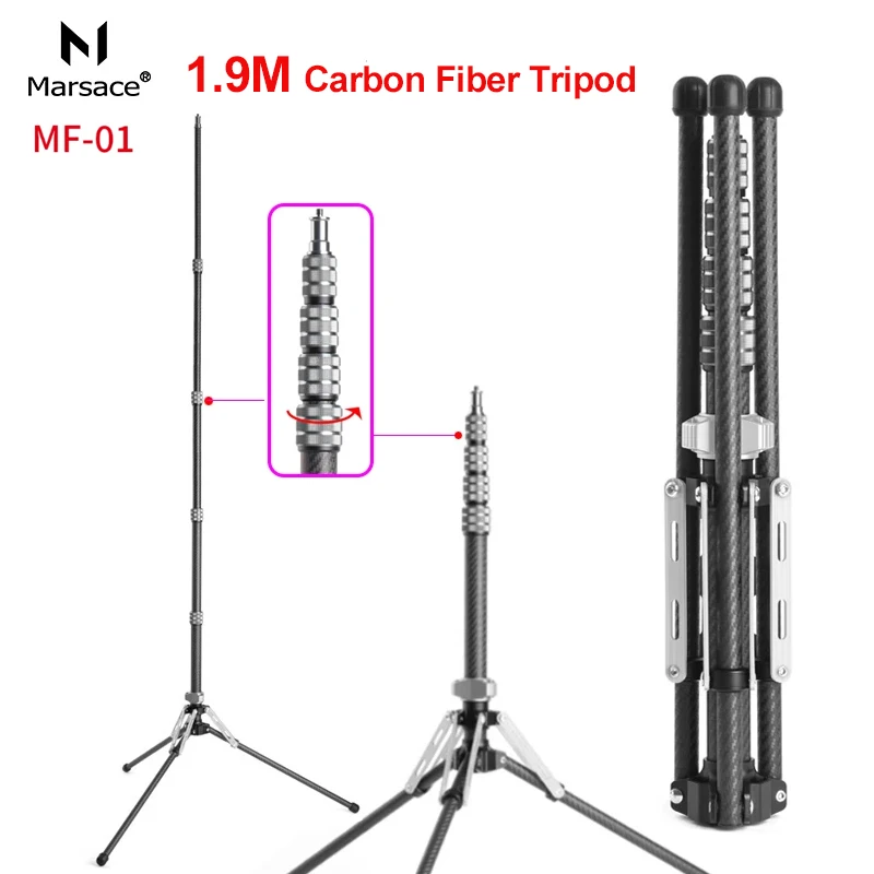 MAXIAOLU MF-01 1.9M Carbon Fiber Photography Light Stand 1/4 Screw Adjustable Tripod Portable Lamp Holder for Flash Softbox