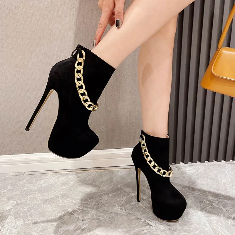 CACA 2024 New 16CM Women Platform Pumps,Stage Performance Shoes,Pole Dance High Heels,Metal Chain,Back Zipper,Black,Dropship