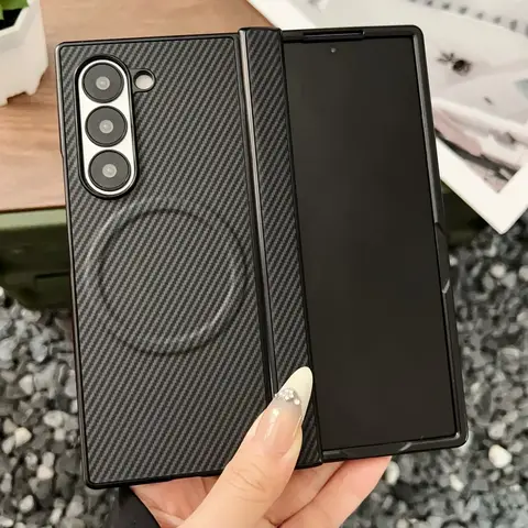 Luxury Carbon Fiber Magnetic Hinge Phone Case For Samsung Galaxy Fold 7 6 5 4 Wireless Charge Hard Soft Silicone Bumper Cover