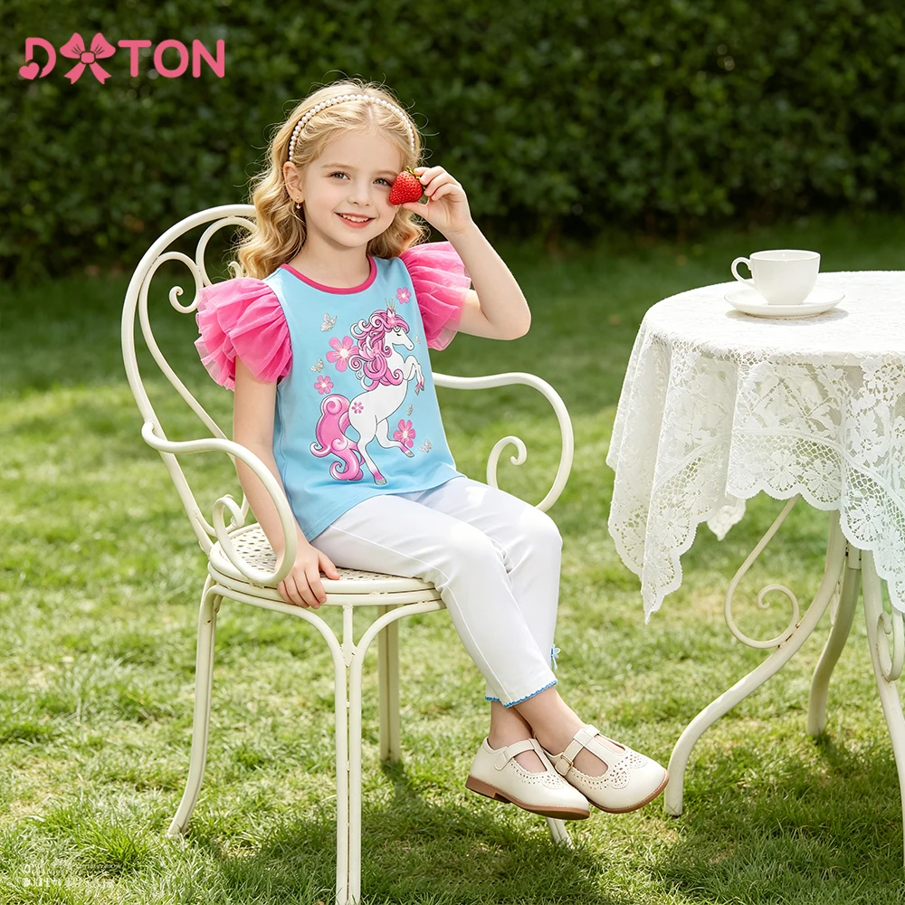 DXTON Baumwoll-Tops für Kleinkinder, Baumwolle, Einhorn, Rüschen, ärmellos, Sommer-T-Shirts für Kinder, Cartoon-Blumenmuster, für Kinder und Mädchen, lässige T-Shirts, Kleidung
