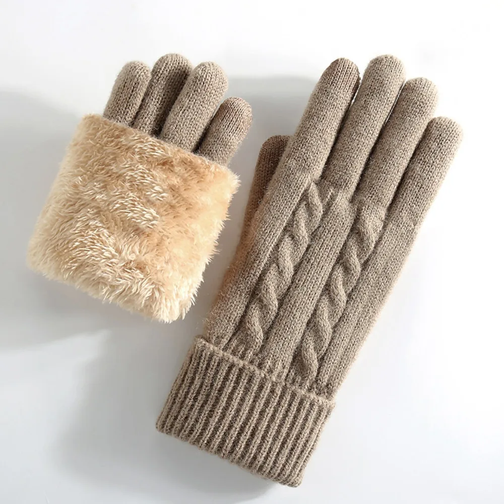New Lamb Velvet Winter Gloves Double Layer Cable Knit Thermal Gloves Fleece Lined Touchscreen Gloves for Men Women