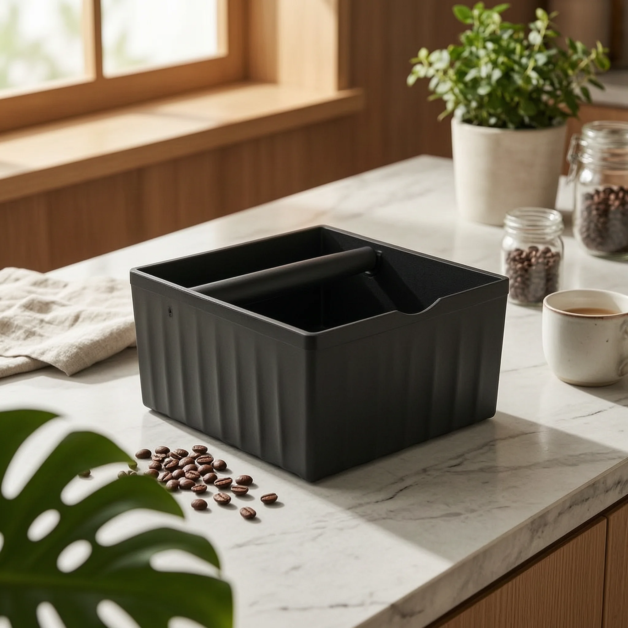 Espresso Knock Box ABS Coffee Grounds Container Coffee Puck Container Ribbed Countertop Knock Box exposedTop