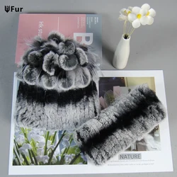 New Style Genuine Lady Knit Set Winter warm snow caps 100% Natural Rex Rabbit Fur Scarves Hats Winter Fashion Real Fur Scarf Hat