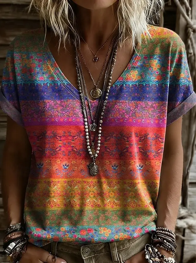 Women V Neck Short Sleeve T-Shirt Bohemian Ethnic Colorful Stripe Floral Geometric Print Casual Summer Holiday Basic Tops
