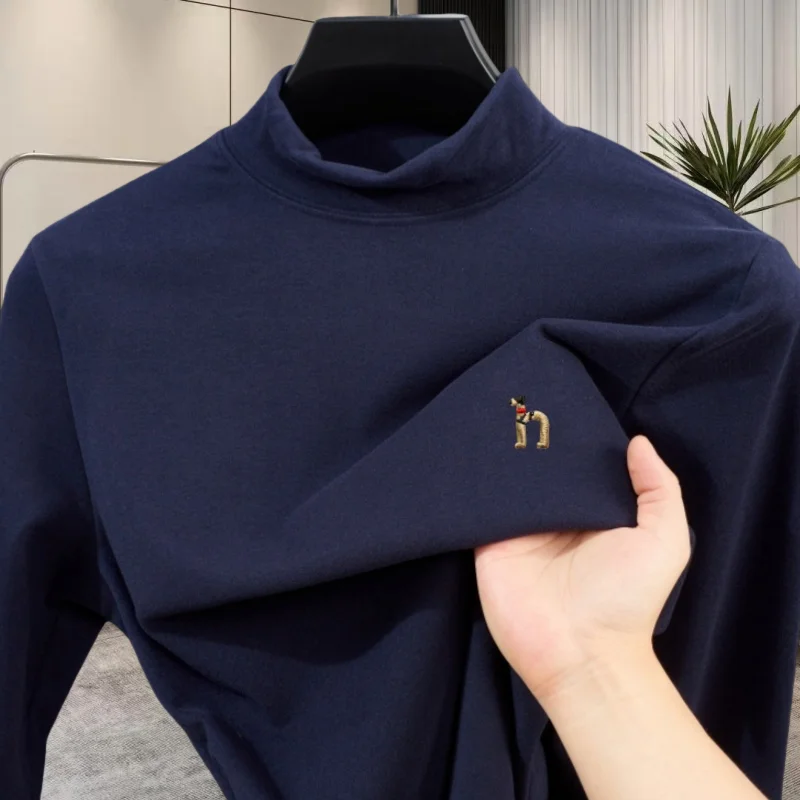 

Высококачественная брендовая мужская классическая футболка с вышивкой в корейском стиле, с высоким воротом, для весны и осени, новый комфортный пуловер из вельвета