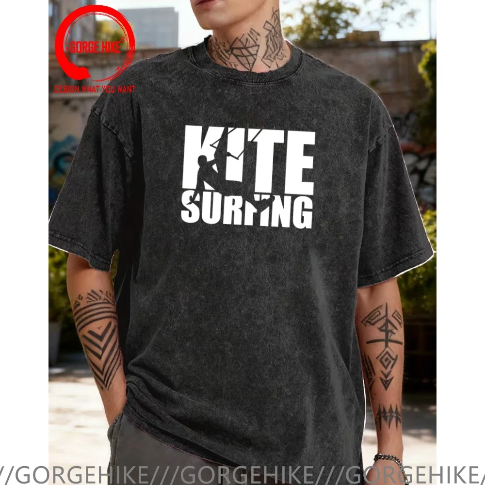 Vintage Washed Cotton T-Shirt Funny Designer kitesurfer kitesurfing T Shirt Men Fashion Trendy Casual Clothing Stylish Tops Tees
