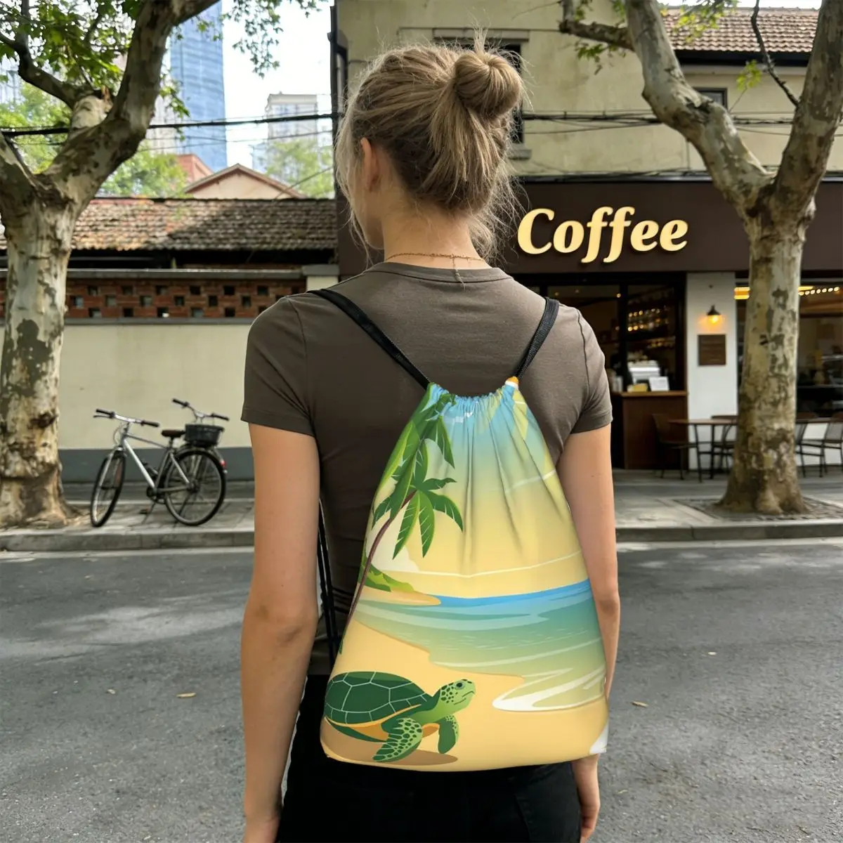 Sea Turtle On The Beach Backpacks Portable Drawstring Bags Storage Bag Book Bags for Travel Students