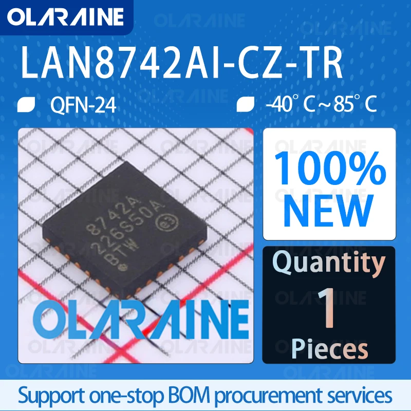 LAN8742AI-CZ-TR QFN-24 100%New 10 Mb/s, 100 Mb/s MDI-X, RMII Communication network Ethernet IC chip circuit controller