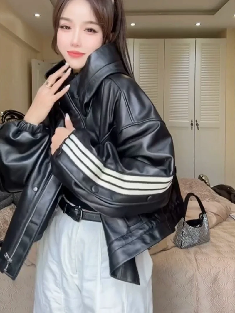 Abrigo con capucha de cuero auténtico para mujer, informal, ort Jaet, corte holgado, Street Sle Faion, prendas de vestir exteriores con cierre de cremallera