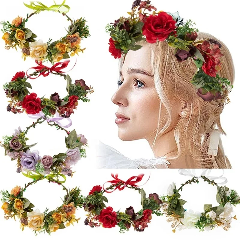 Flower Headband Head Roses Garland Hair Band Crown Boho Fabric Wreath Photo Props Festival Wedding Hair Accessories