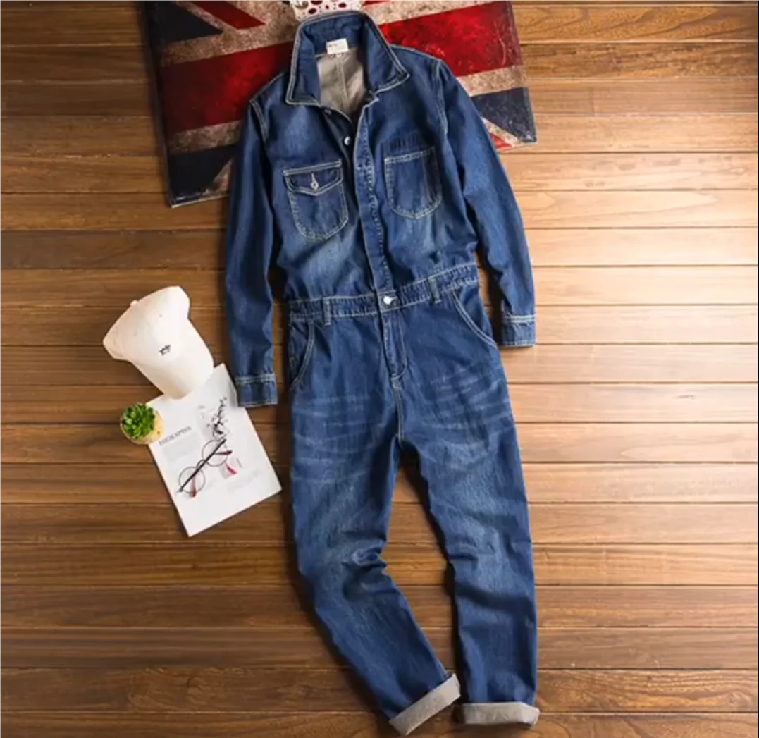 

New men's street fashion denim jumpsuit men's and women's retro denim workwear thin hip-hop blue denim pants