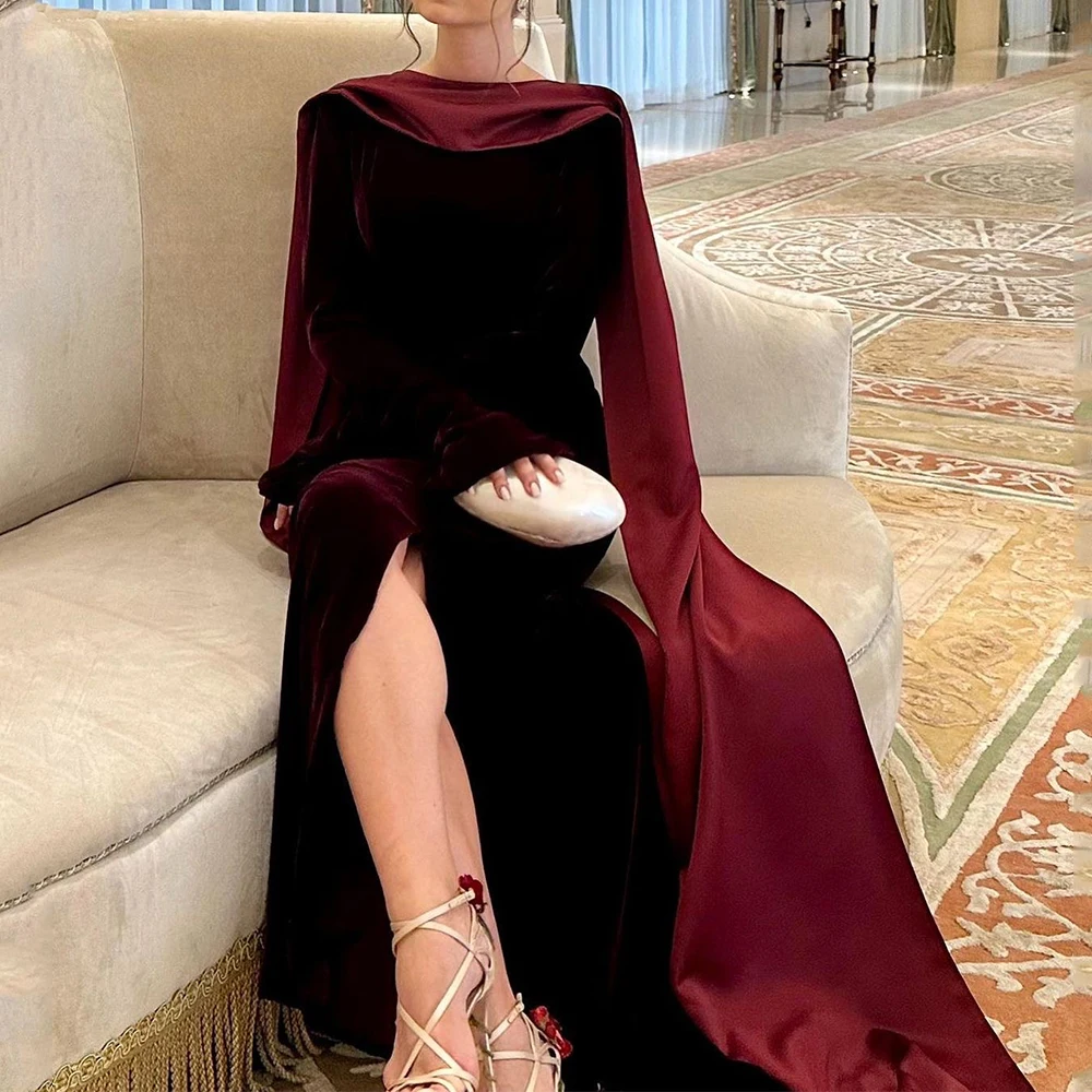 

Flechazo Velvet Side Slit Evening Dress Mermaid Floor Length with Long Sleeves Women Party Custom Made Sexy Backless Gowns