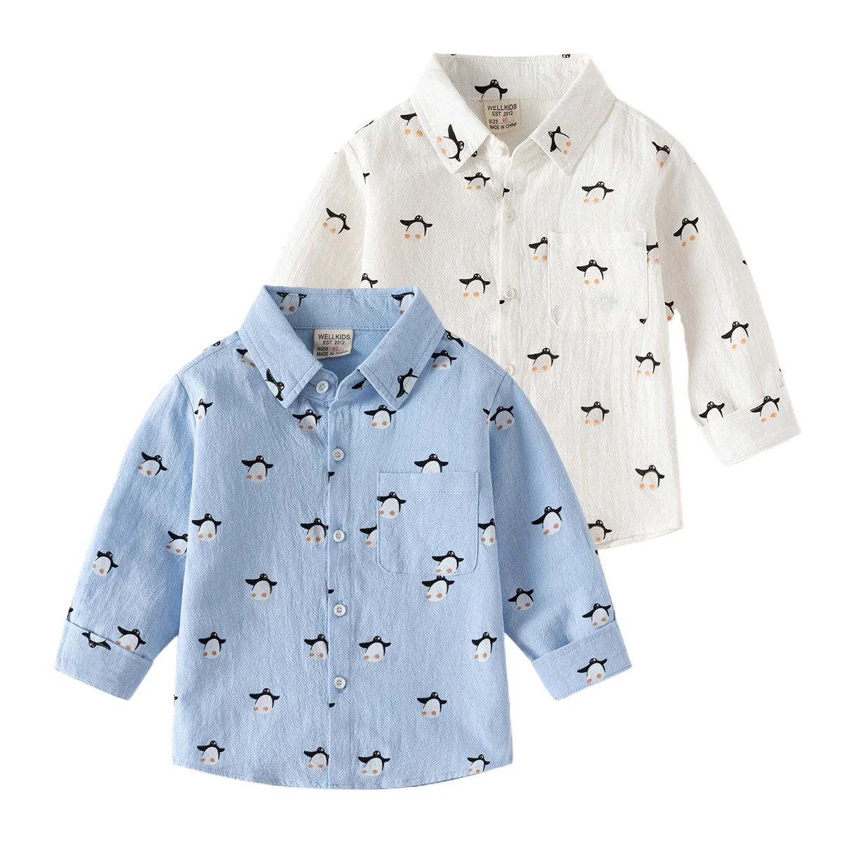 Spring Autumn Boys' Long Sleeve Casual Cotton Printed Shirt with Cartoon Penguin Pocket Kids Loose Stylish Shirts Top, Ages 3-8