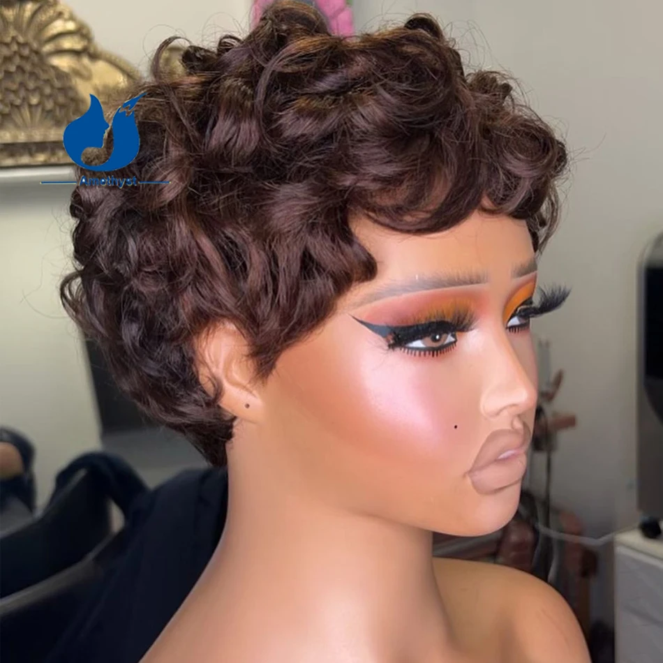 

Amethyst Brown Pixie Cut 100% Human Hair Wig Rose Curly Wave Full Machine Made Scalp Top Wig with Bangs Short Pixie Bob Wigs