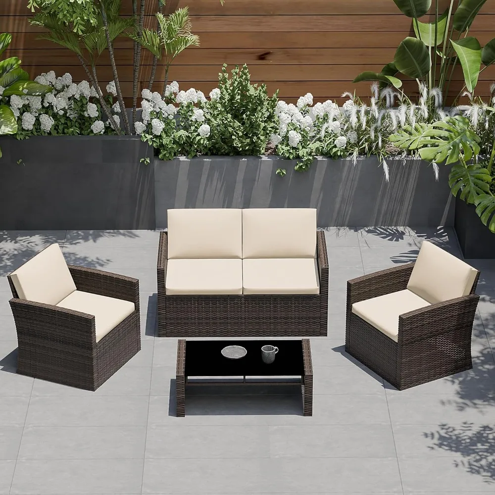 

4 Piece Patio Furniture Set, Outdoor Furniture Set with 2 Chairs, 1 Loveseat and Coffee Table, for Garden, Patio, Backyard