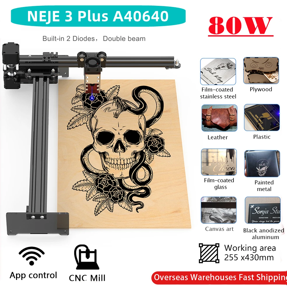 NEJE 3 Plus – graveur Laser CNC 80W, coupe-bois, en acier inoxydable, imprimante 3D, outil de gravure sur métal, Bluetooth, contrôle par