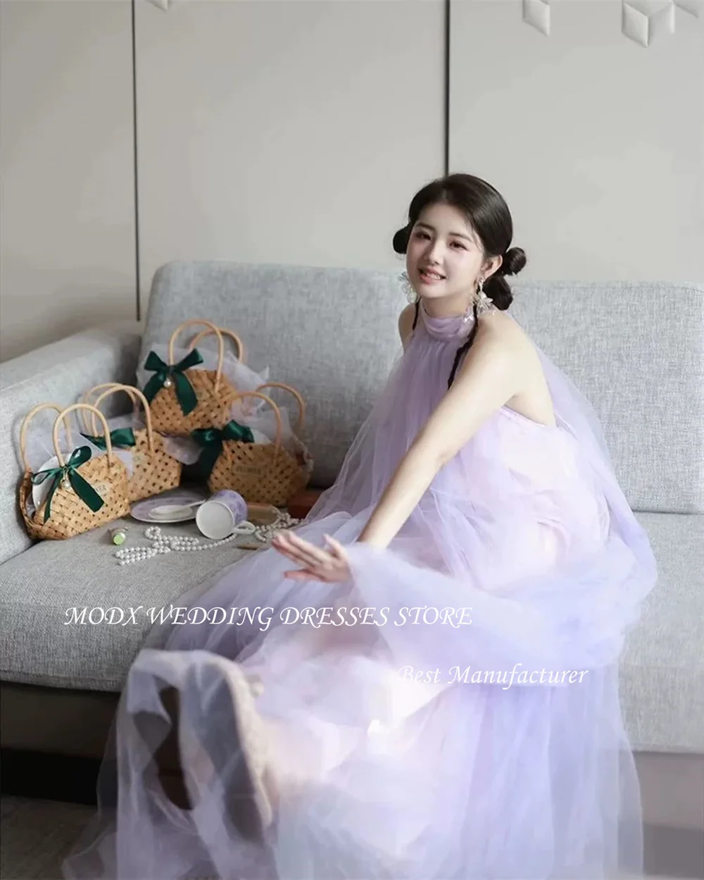 Vestidos de novia coreanos de lavanda MODX, sesión de fotos de tul, corte en A, largo hasta el suelo, cuello Halter, sin mangas, espalda con cordones, vestidos de novia