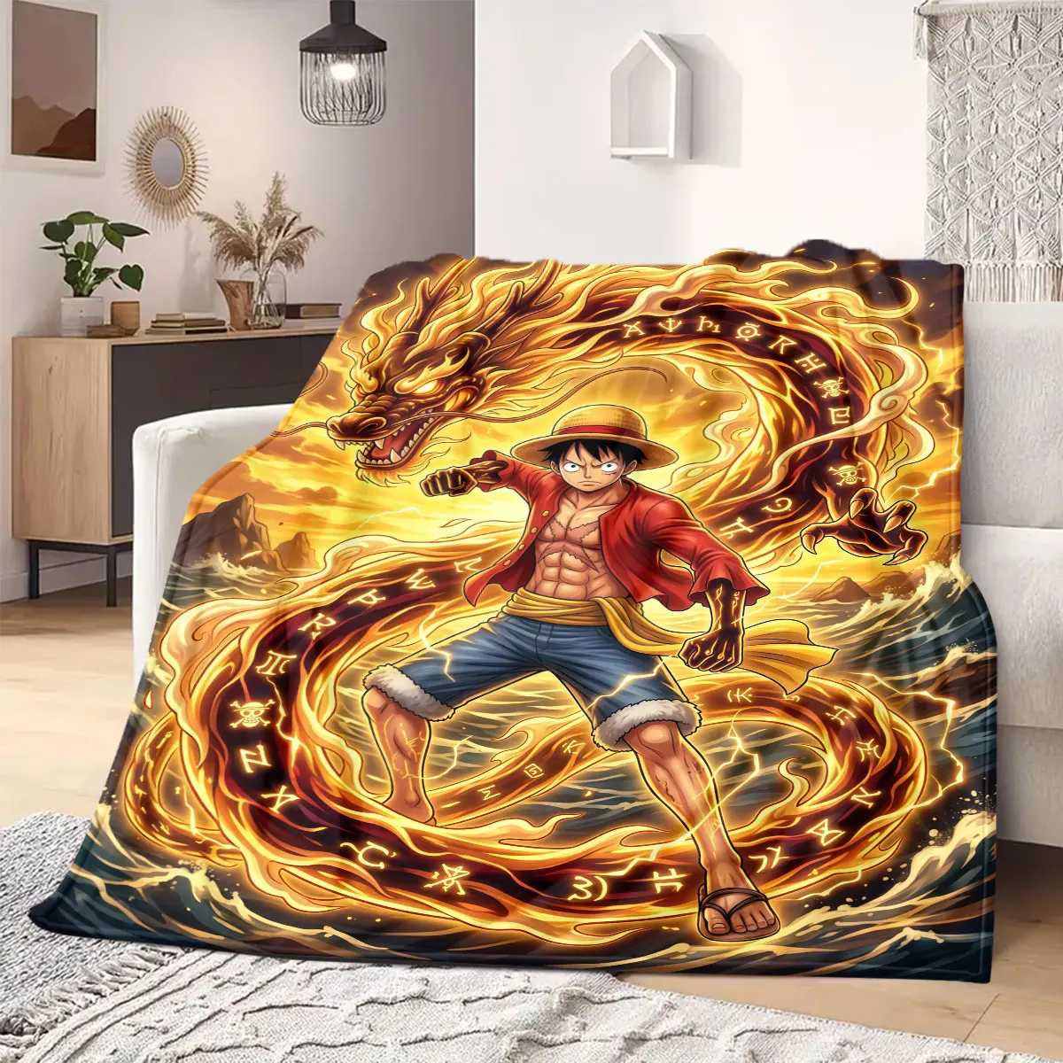 One Piece Smart Print Flannel Blanket, Cartoon Decorative Pattern, Soft and Warm for Bed and Couch, Travel Wrap_LIAN