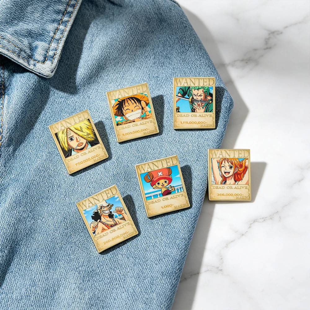 6 Pcs Pirate Anime Inspired Enamel Pins Wanted Poster Character Lapel Brooches, Manga Themed Metal Badges for Backpack Clothing