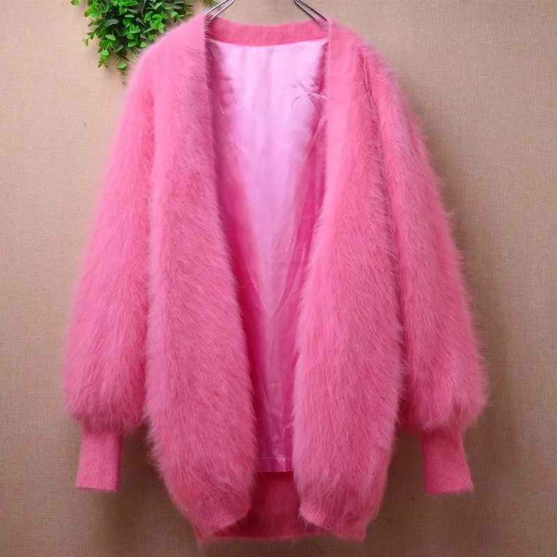 Female Women Spring Autumn Clothing Hairy Mink Cashmere Knitted Long Lantern Sleeves Loose Mantle Cardigan Angora Jacket Sweater