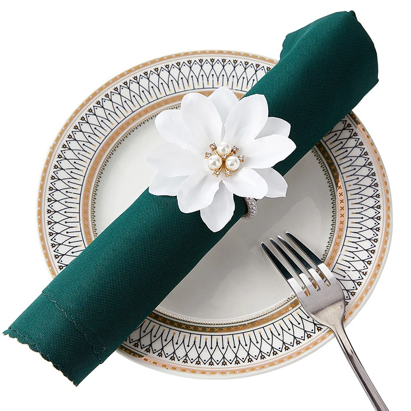 Pack Of 6 Napkin Rings, Flower Napkin Holders, White Floral Beaded Napkin Rings For Wedding Dinner Table Decoration And Banquets