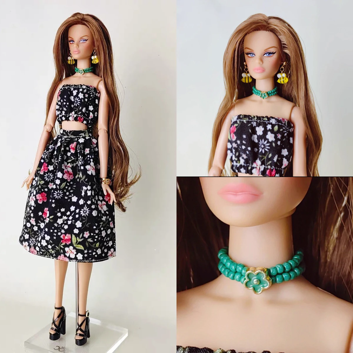 1/6 Doll Jewellery Parts Small Fresh Style Floral Dress+Cute Little Bee Earrings+Emerald Necklace For 30cm Babi Supermodel Doll