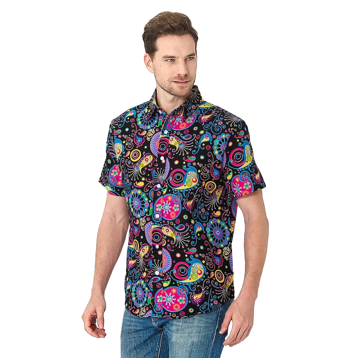 

Мужские рубашки в стиле хиппи 70-х годов, уродливая забавная повседневная рубашка, необычная рубашка для взрослых в стиле дискотека, винтажная рубашка с цветочным принтом пейсли, топ с короткими рукавами и пуговицами с лацканами