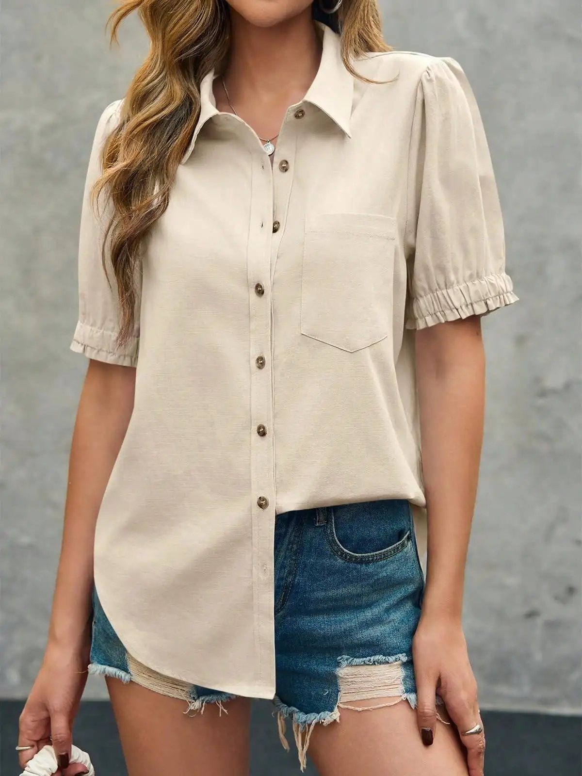 

Women's Puff Sleeve Button Down Shirt Casual Collared V Neck Linen Blend Loose Fit Blouse