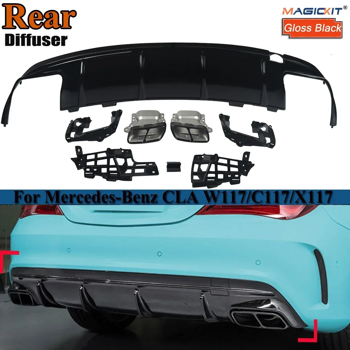 Black Rear Diffuser with Exhausts Tips For Mercedes Benz C117 W117 CLA200 CLA260 CLA45 AMG 2012-2018 Bumper Skid Plate