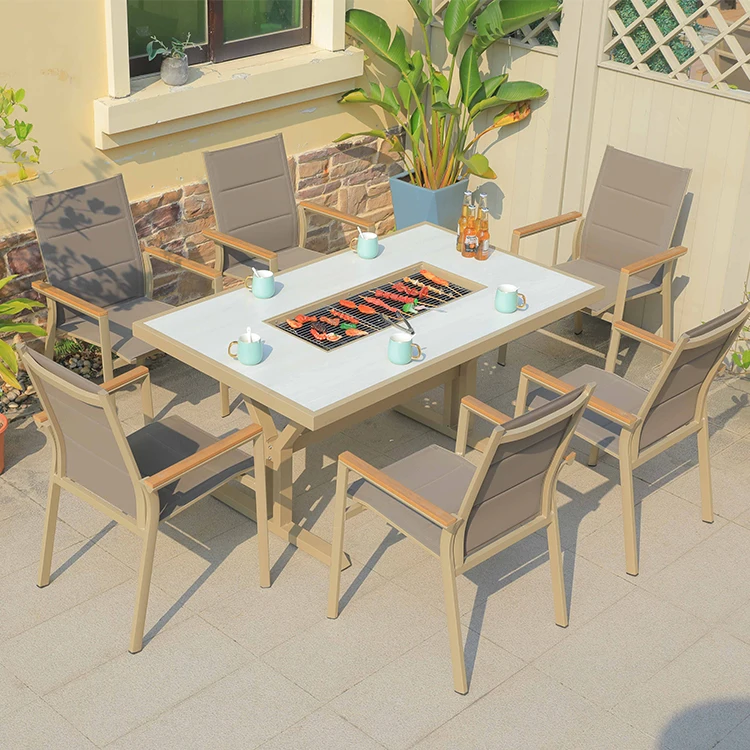 Hot Sale Cast Aluminum Fire Pit Table And Chair Set Modern Outdoor Patio Garden Furniture For Courtyard BBQ Dining