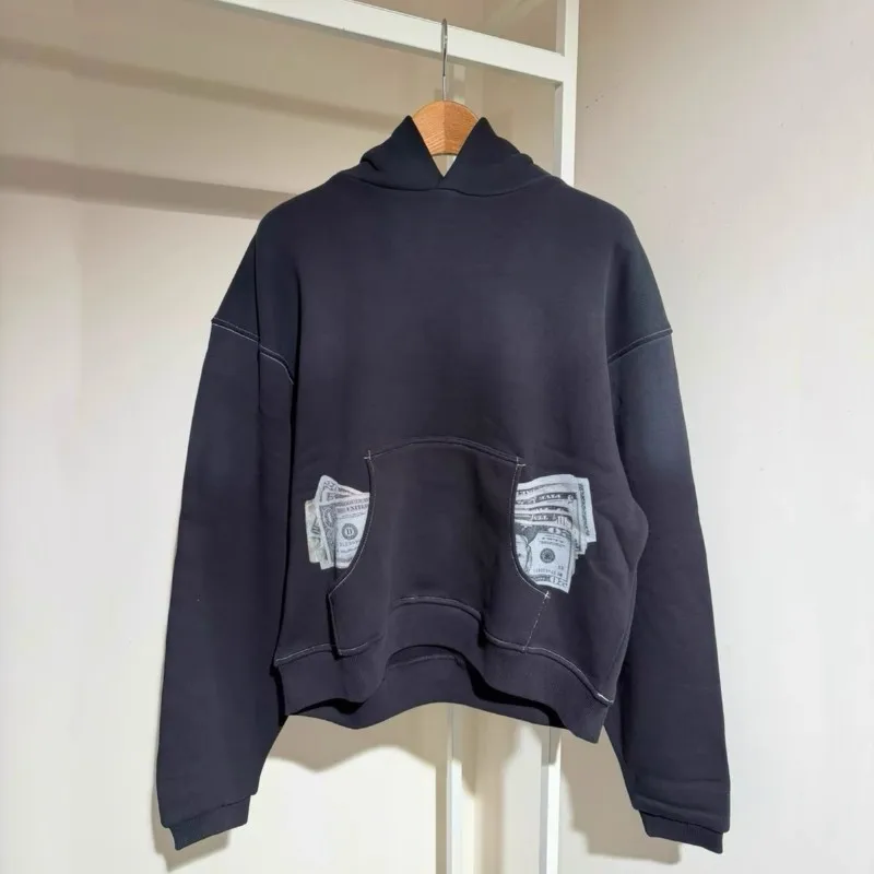 Ultra Loose Short Wide Boxy Streetwear Two Side Pocket Banknote Print ERL Hoodie Men Women Contrasting Line Oversize Black Hoody