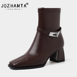 JOZHAMTA Size 34-42 Ankle Boots For Women Strecth Boots Soft Leather Strappy Chunky High Heels Shoes Winter Casual Office Dress