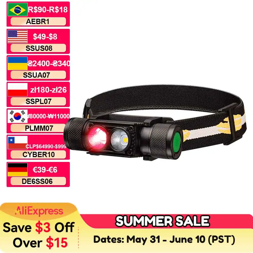 

[EU Stock] H25LR LED 90 CRI Rechargeable IPX6 Headlamp Powerful Lightweight Head Flashlight with Bright White Light+Red 660nm