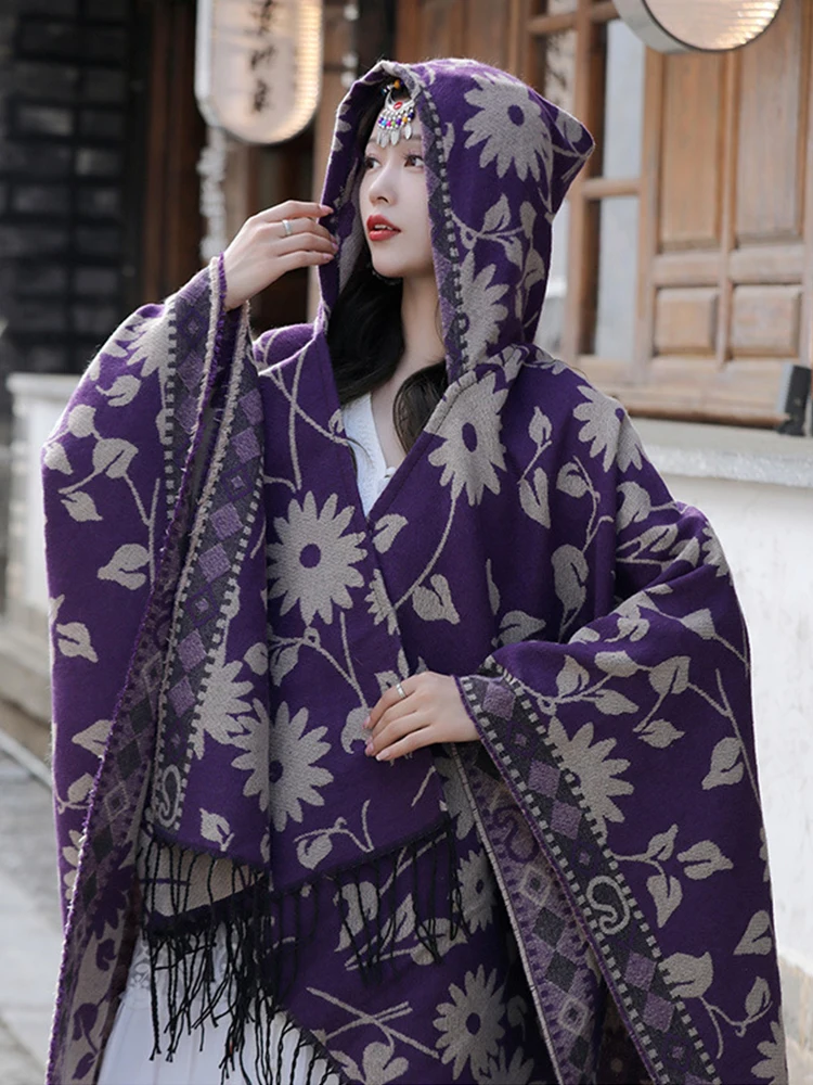 New 2024 Knitted Women Scarf Winter Vintage Floral Hooded Poncho Female Wrap Blanket Capas Para Mujer Chales Pashmina Shawl Boho