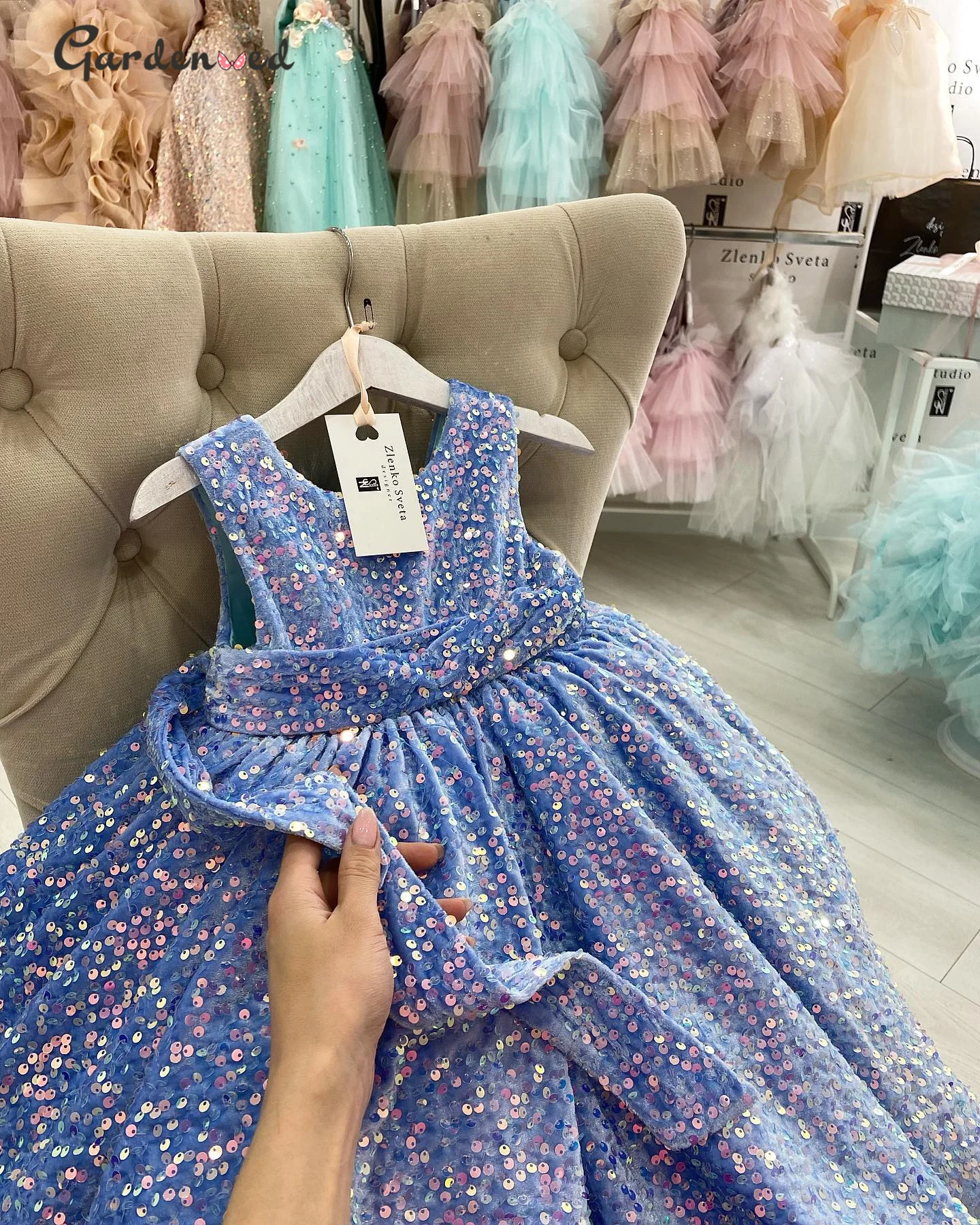 Blue Flower Girl Dress Sequin Baby Girl Princess Puffy Wedding Party Dress Princess Birthday Dress for Girls Detachable Sleeves