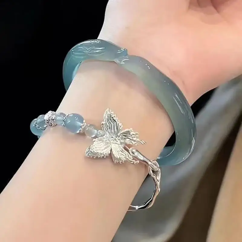 Handmade Chinese Beaded Bracelet Silver Butterfly Pendant Good Luck Minimalist Jewelry for Everyday Wear Gift for Her