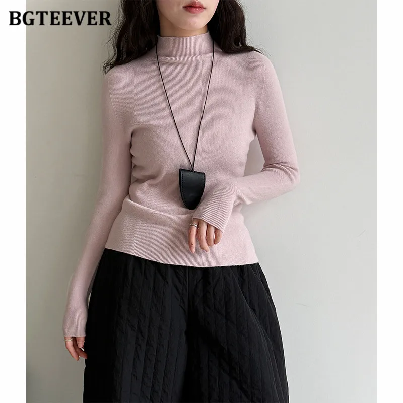 

BGTEEVER Autumn Winter Mock Neck Ladies Sweaters Casual Long Sleeve Female Slim Knitted Jumpers
