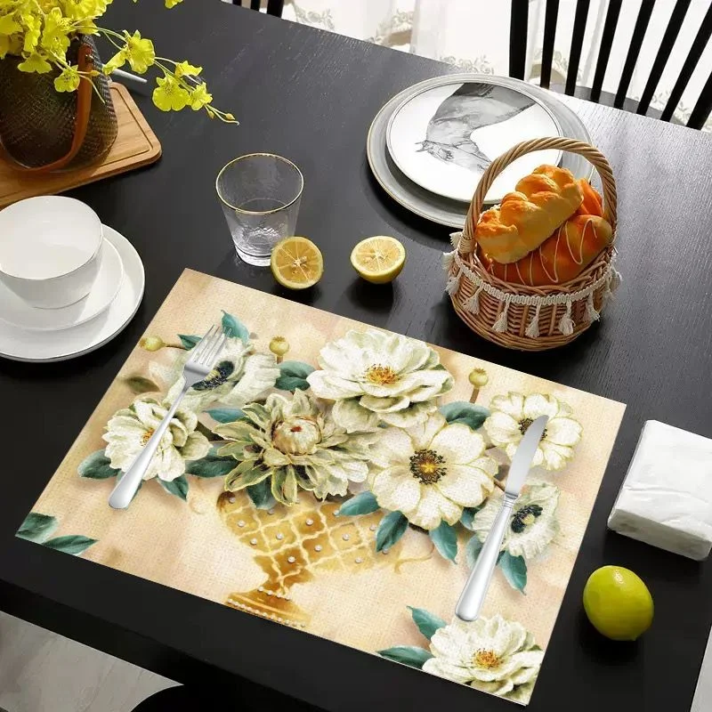 VIKAMA Placemat White Flowers Gold Foliage, Waterproof Oil-Proof Heat-Resistant Non-Slip Woven Dining Table Mat