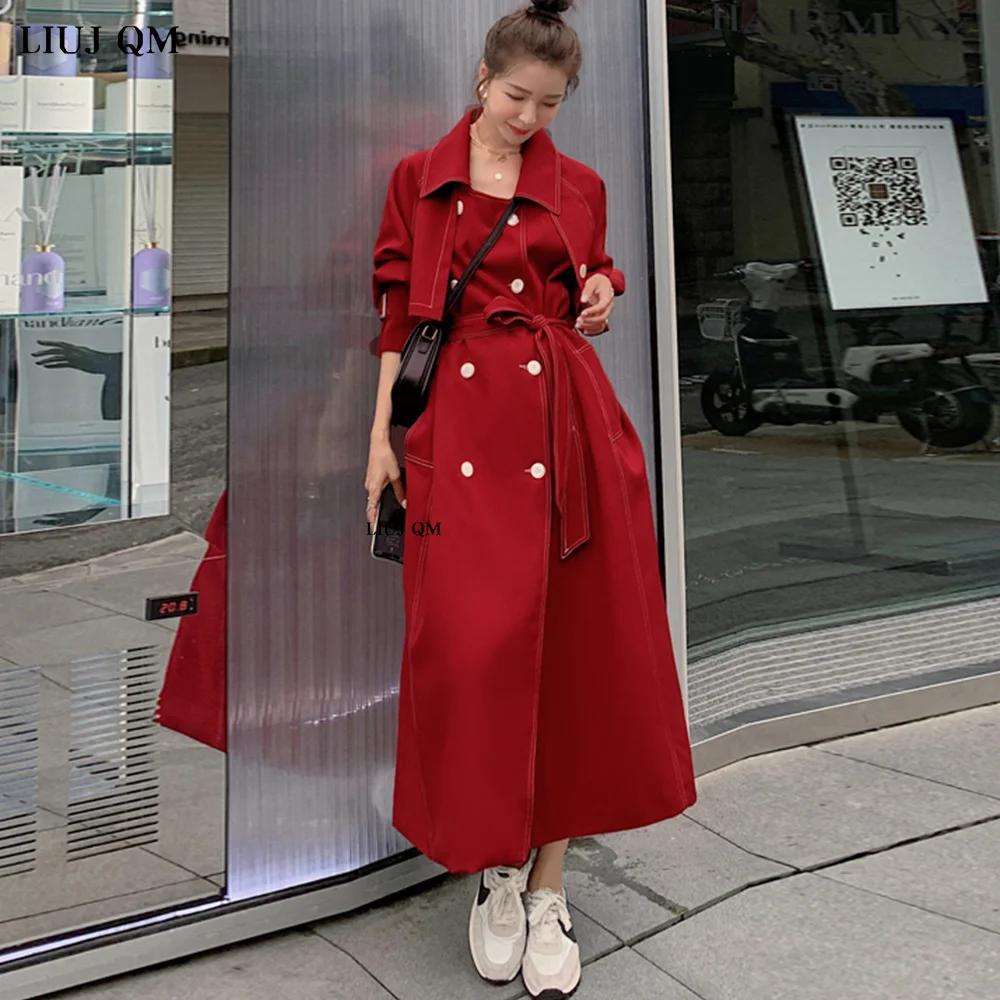 Spring Autumn Double Breasted Trench Coat Women\'s Temperament  Red Windbreaker Overcoat Woman Long Over Knee England Style 2023