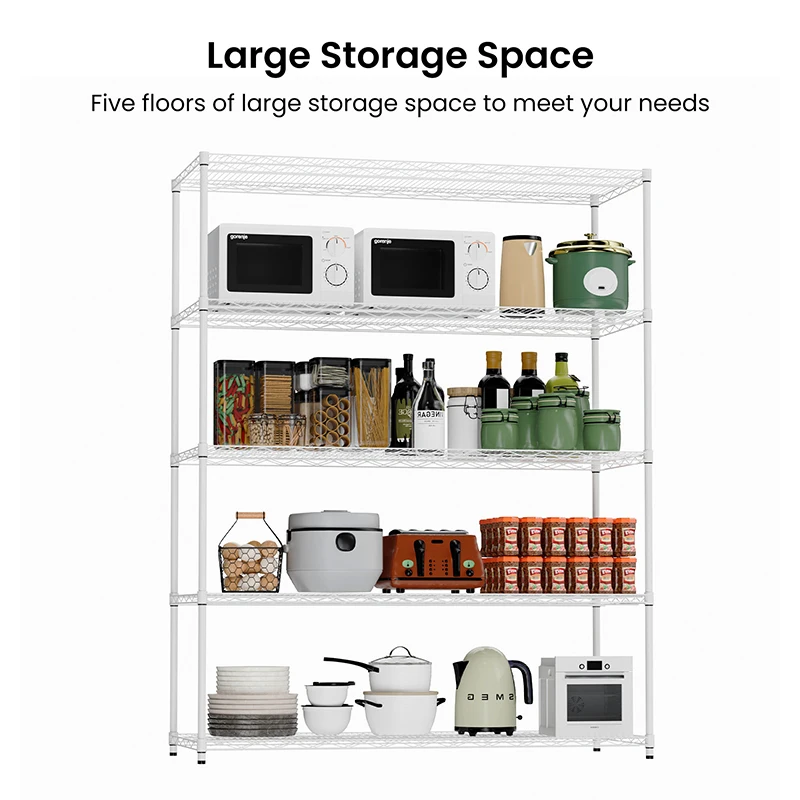 5 tiers of heavy-duty adjustable shelving and racking with a 300 lb. weight capacity per wire shelf for warehouses, supermarkets