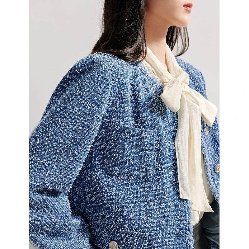 INMAN 2024 autumn winter women\'s Denim jacket Butterfly yarn round neck coat long sleeve Outerwear tops