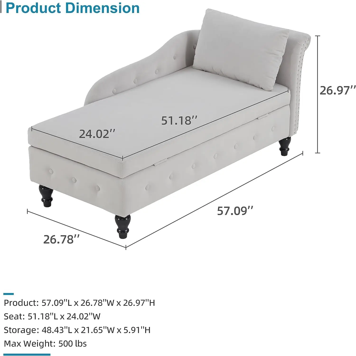 Chaise Lounge Indoor with Storage, Modern Nailhead-Trimmed Tufted Lounge Chair, Upholstered Chaise Lounges Couch, Customized