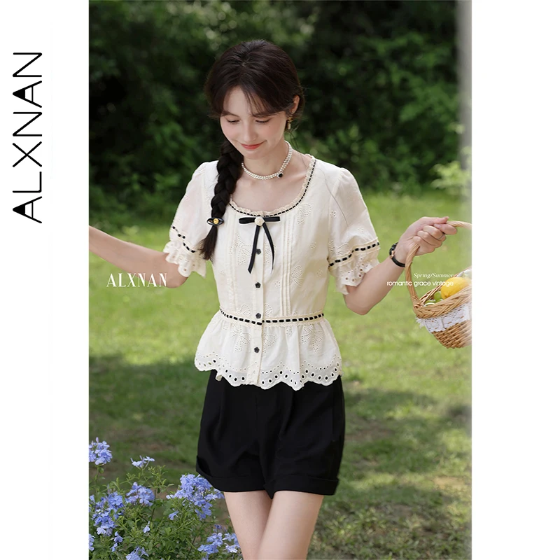 ALXNAN Damen-Hemd, weißer Spitzenkragen, Spitze, hohles Design, Hemden, 2025, Sommer, lässig, lockere Passform, Kurzarm-Tops, Damen, L56238