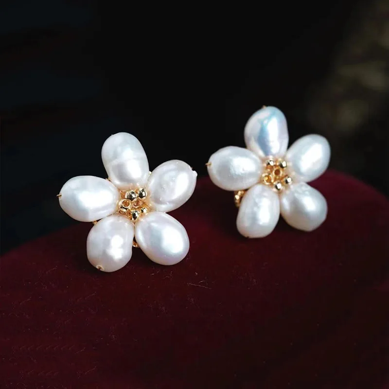 Flower  Feshwater Pearl Beads Stud Earrings For Women Girls Jewelry Brass Gold Color Aros Arete Orecchini Oorbellen