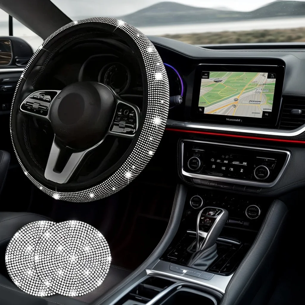 

7-компонентный автомобильный комплект Bling — чехол на руль с бриллиантами и милый набор автомобильных аксессуаров