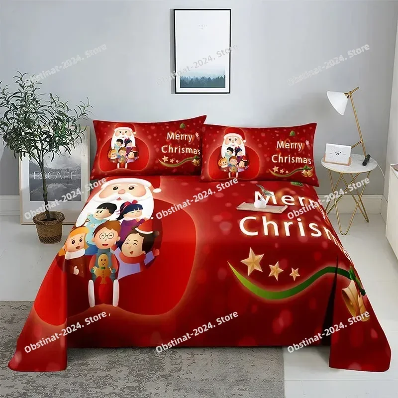 Merry Christmas Bed Sheet Set with Pillowcase 3D Print Santa Claus Home Decor New Year King Queen Full Size Red Bed Flat Sheet