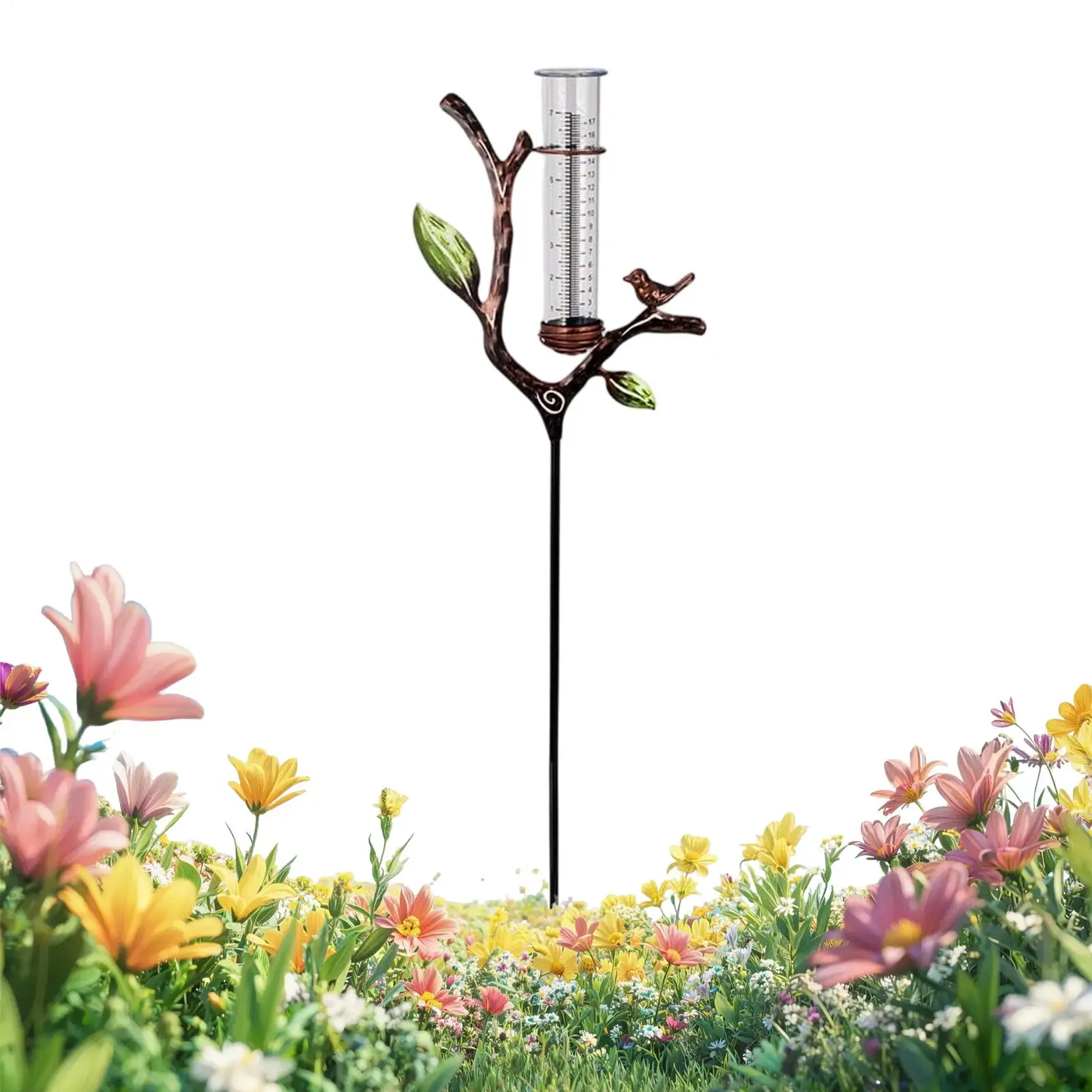 Bird Shaped Garden Rain Gauge Branch Design Decorative Measure Meter Outdoor Rain Gauge With Stake For Deck Lawn Fence