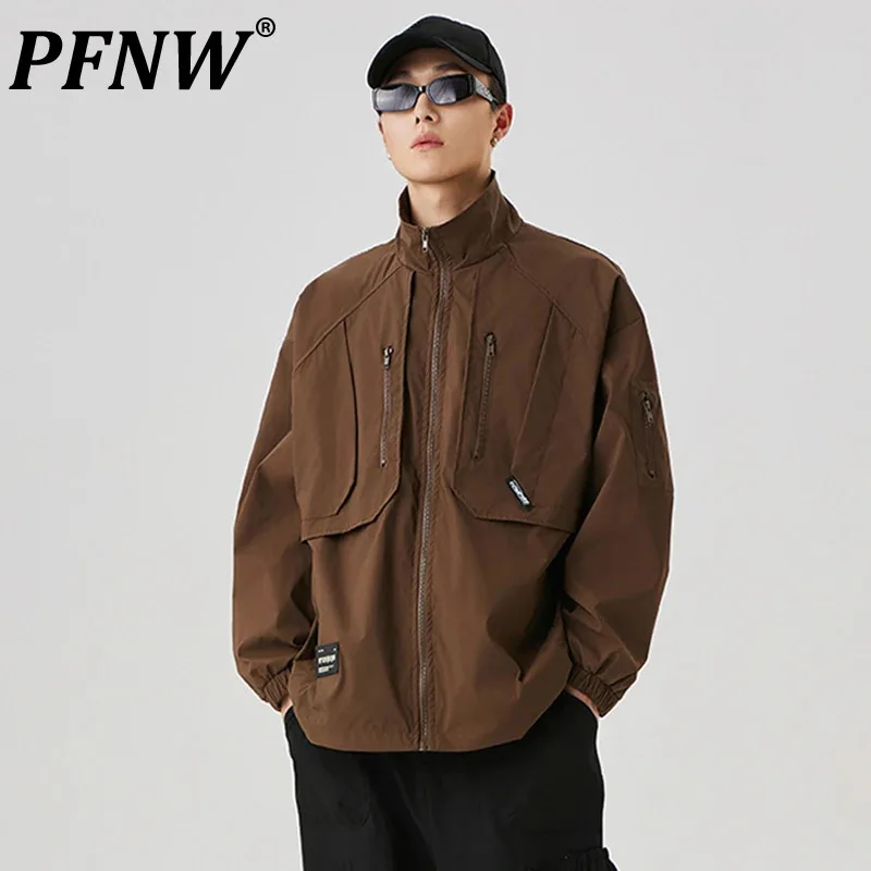 

PFNW Men's Spliced Zipper Design Chic Jacket New Stand Collar Outdoor Casual Male Tops Oversized Loose 2024 Autumn Coats 28W4312