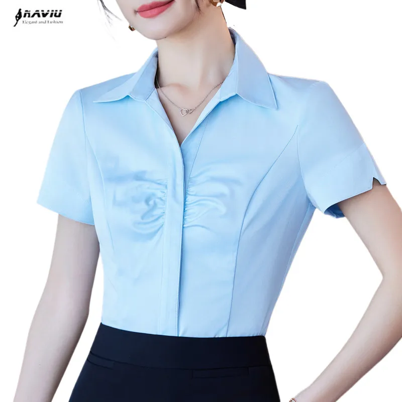 

NAVIU Blue Shirt For Women New Summer Temperament Formal Short Sleeve Slim White Blouses Office Ladies Work Tops